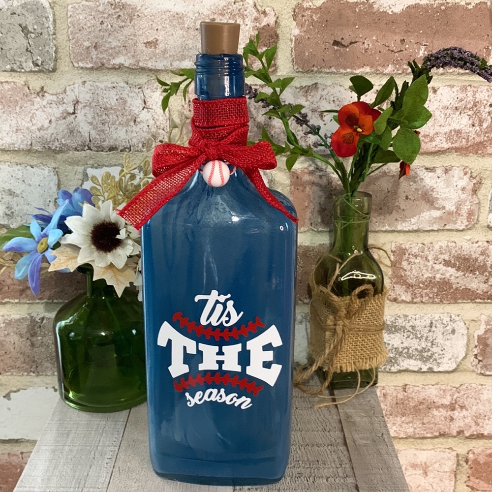 Hand Crafted-‘Tis The Season’ Spirit Bottle Lantern with Red Ribbon & Baseball